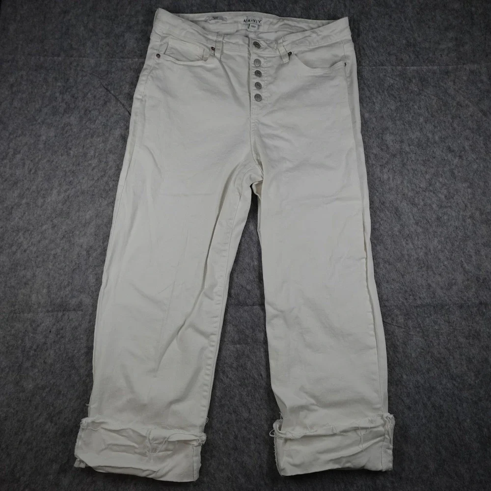 Ava & Viv Jeans Women 17 White Straight Button Fly Raw Hem High Waist Cuffed